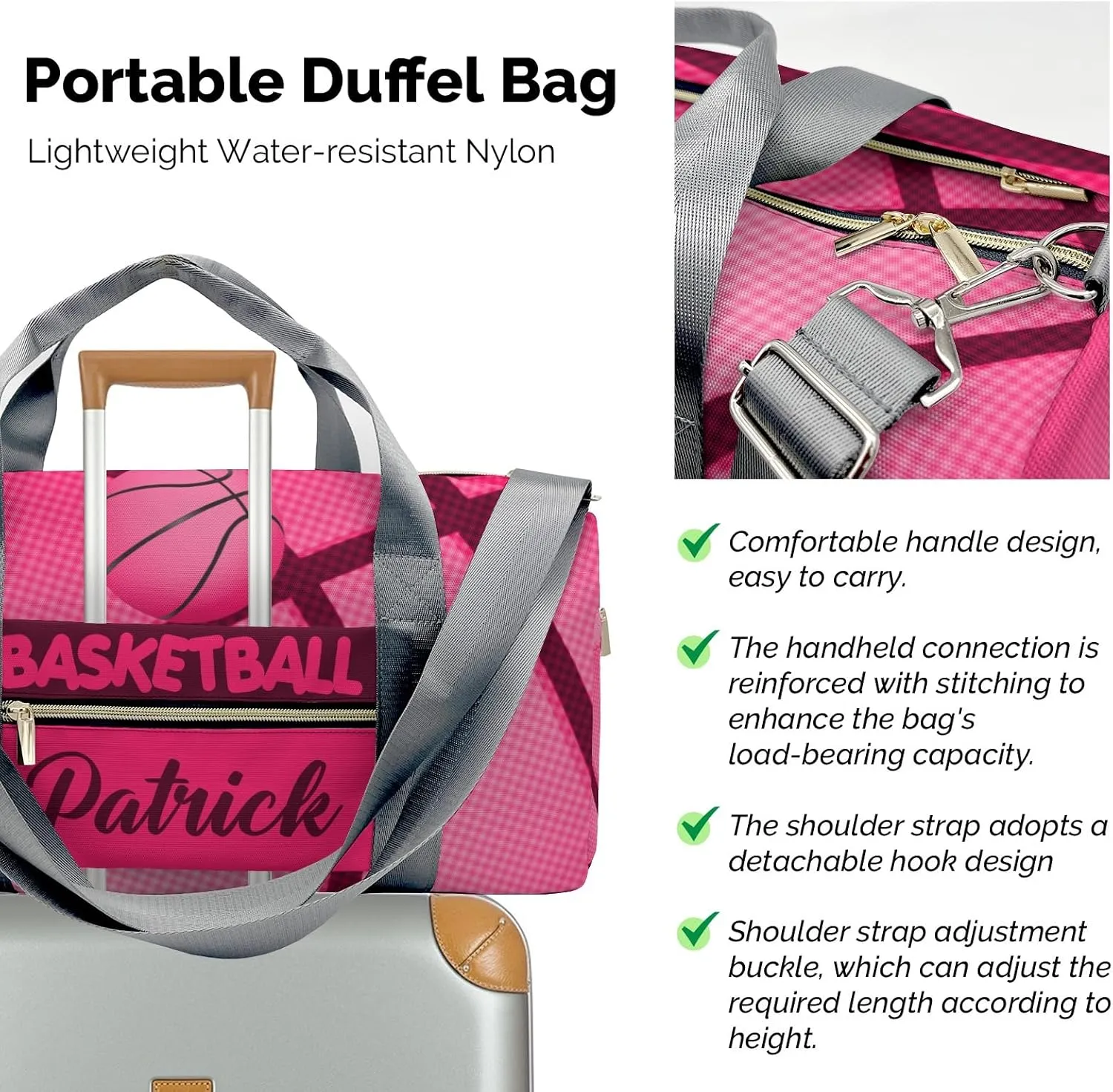 Pink Red Basketball Print Waterproof Duffel Bag Gym Dance Sport Perform Training Travel Bag for Boys Girls Teens Women Men