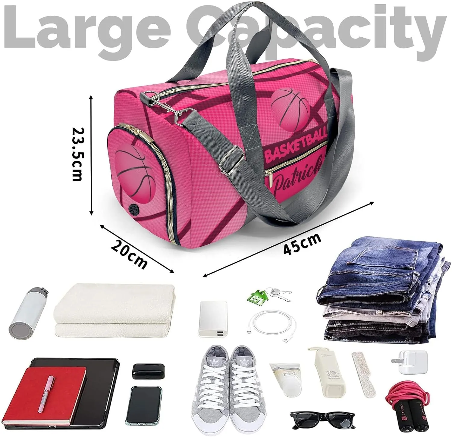 Pink Red Basketball Print Waterproof Duffel Bag Gym Dance Sport Perform Training Travel Bag for Boys Girls Teens Women Men