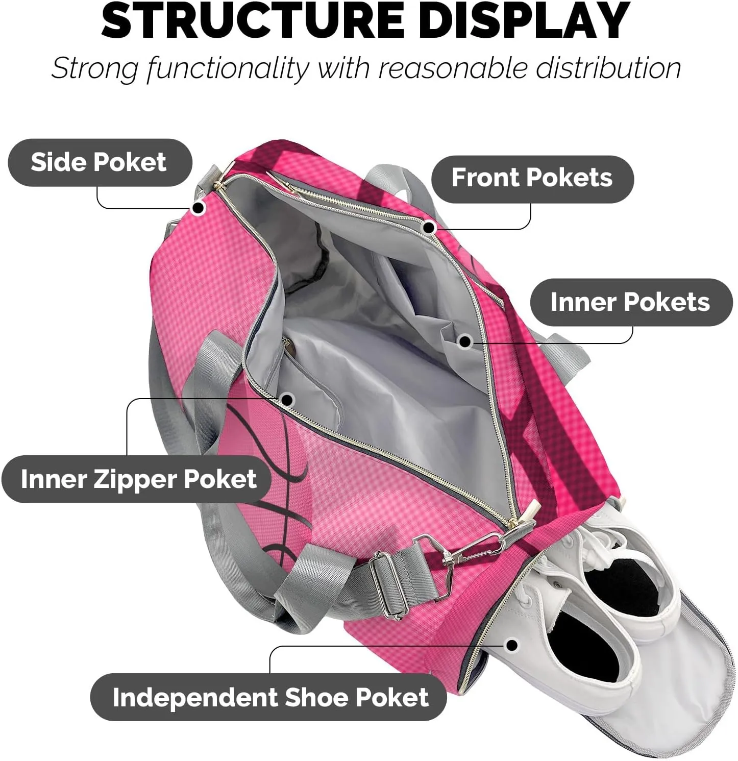 Pink Red Basketball Print Waterproof Duffel Bag Gym Dance Sport Perform Training Travel Bag for Boys Girls Teens Women Men