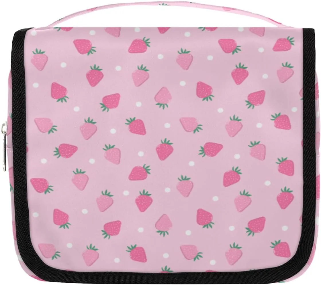 Pink Strawberry Makeup Bag Travel Cosmetic Bag with Zipper Pocket and Handle Travel Makeup Organizer Bag Water-resistant Toiletry Bags for Traveling Women Men Ladies Girls