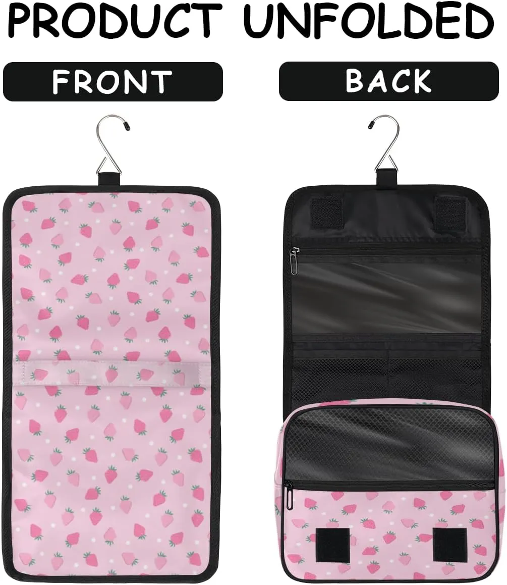 Pink Strawberry Makeup Bag Travel Cosmetic Bag with Zipper Pocket and Handle Travel Makeup Organizer Bag Water-resistant Toiletry Bags for Traveling Women Men Ladies Girls