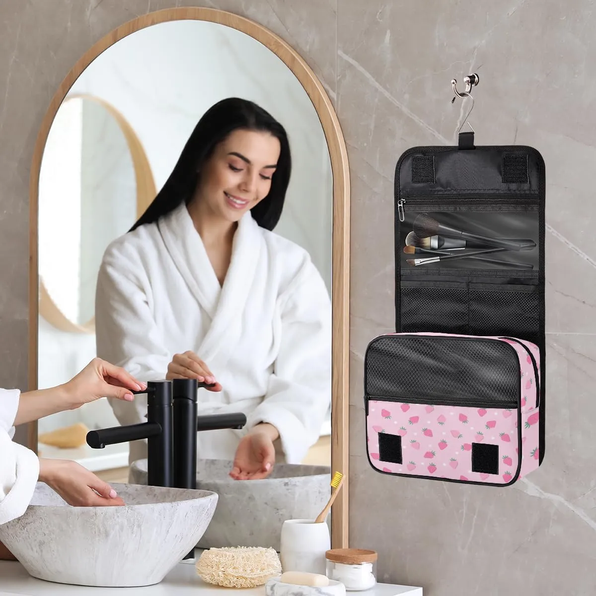 Pink Strawberry Makeup Bag Travel Cosmetic Bag with Zipper Pocket and Handle Travel Makeup Organizer Bag Water-resistant Toiletry Bags for Traveling Women Men Ladies Girls