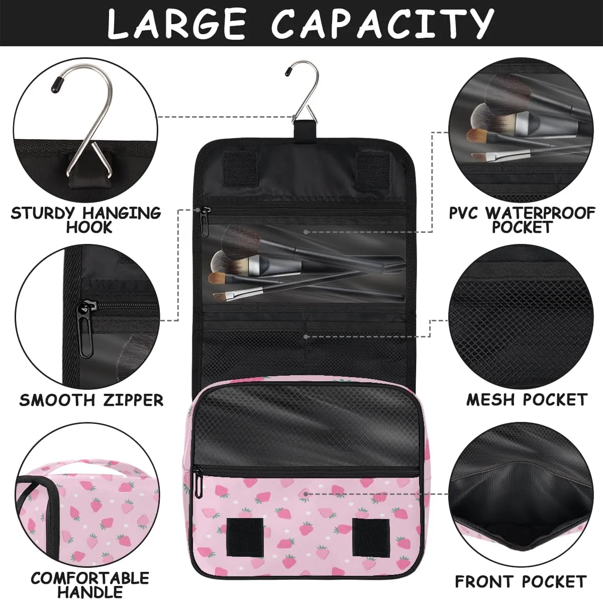 Pink Strawberry Makeup Bag Travel Cosmetic Bag with Zipper Pocket and Handle Travel Makeup Organizer Bag Water-resistant Toiletry Bags for Traveling Women Men Ladies Girls