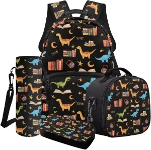 Poceacles Boys School Backpack Set 4 Piece Set Including School Bag, Insulated Lunch Bag, Water Bottle Holder, Pencil Case Students Travel Backpacks, Dinosaur Book Star Headphone Pattern