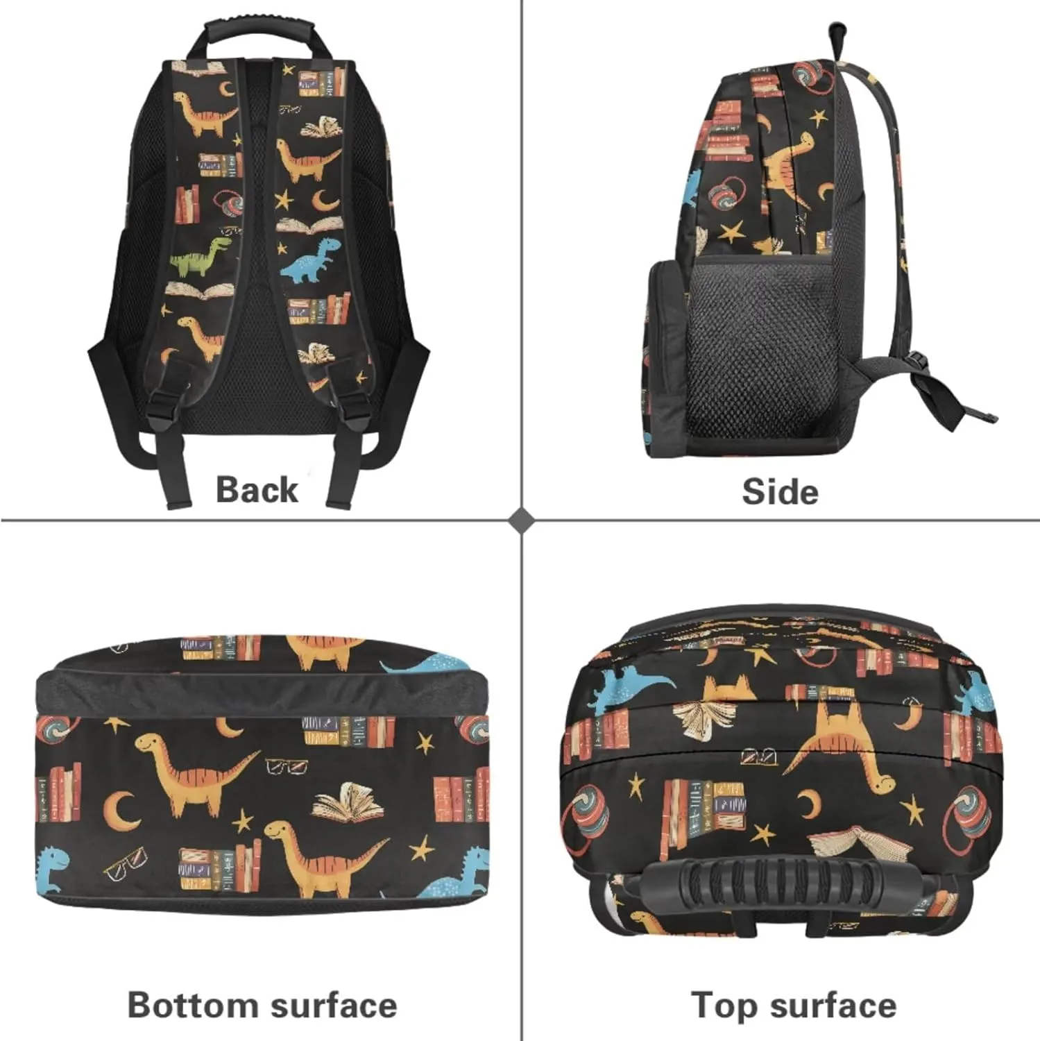 Poceacles Boys School Backpack Set 4 Piece Set Including School Bag, Insulated Lunch Bag, Water Bottle Holder, Pencil Case Students Travel Backpacks, Dinosaur Book Star Headphone Pattern