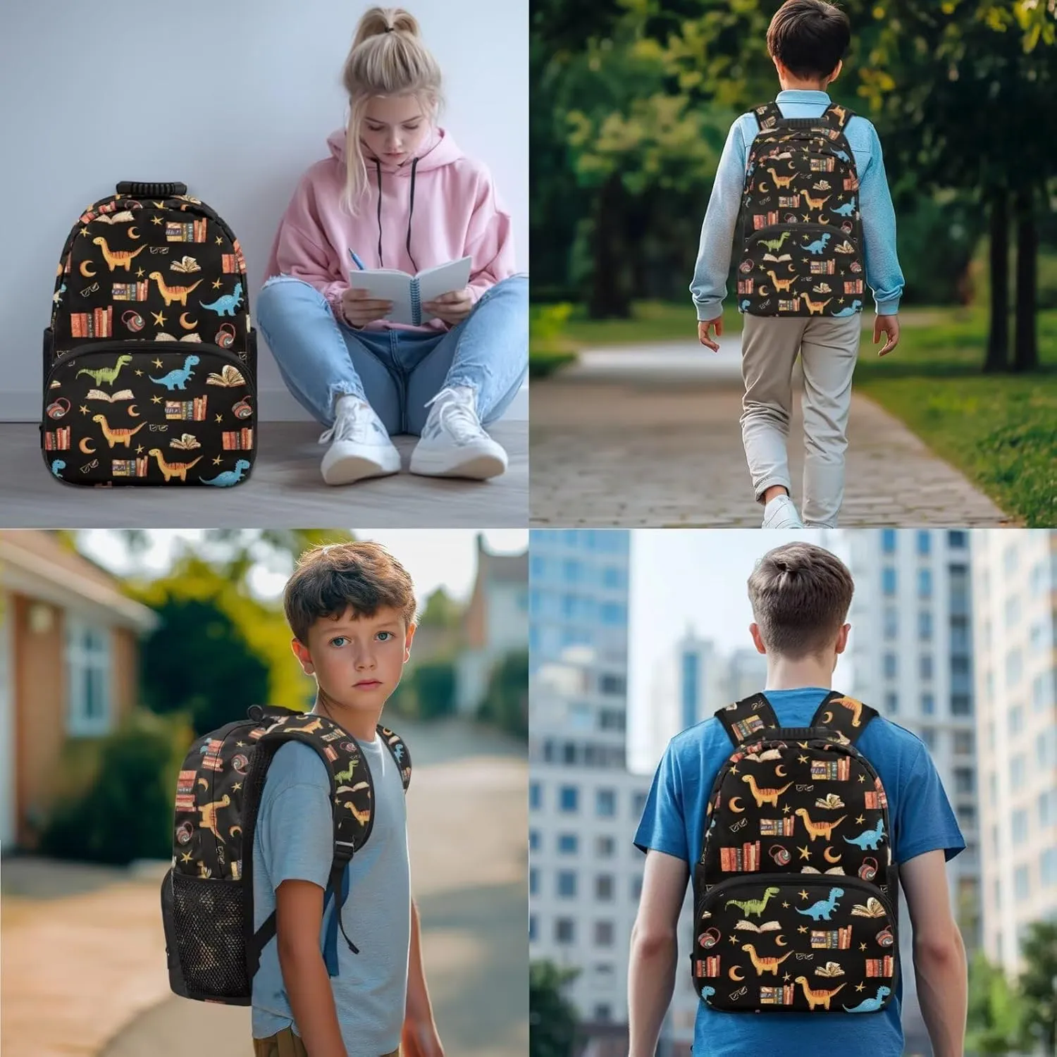 Poceacles Boys School Backpack Set 4 Piece Set Including School Bag, Insulated Lunch Bag, Water Bottle Holder, Pencil Case Students Travel Backpacks, Dinosaur Book Star Headphone Pattern