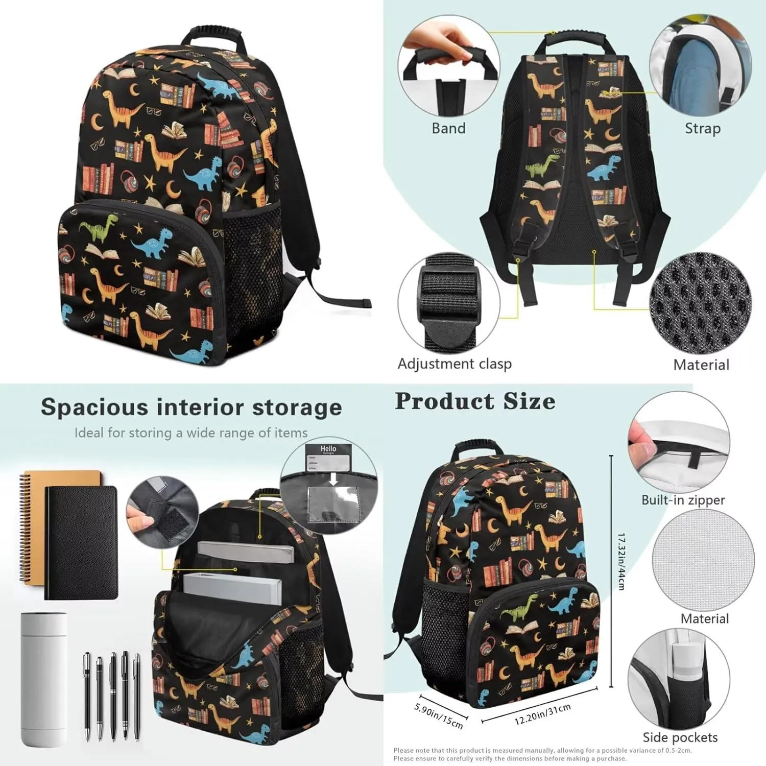 Poceacles Boys School Backpack Set 4 Piece Set Including School Bag, Insulated Lunch Bag, Water Bottle Holder, Pencil Case Students Travel Backpacks, Dinosaur Book Star Headphone Pattern
