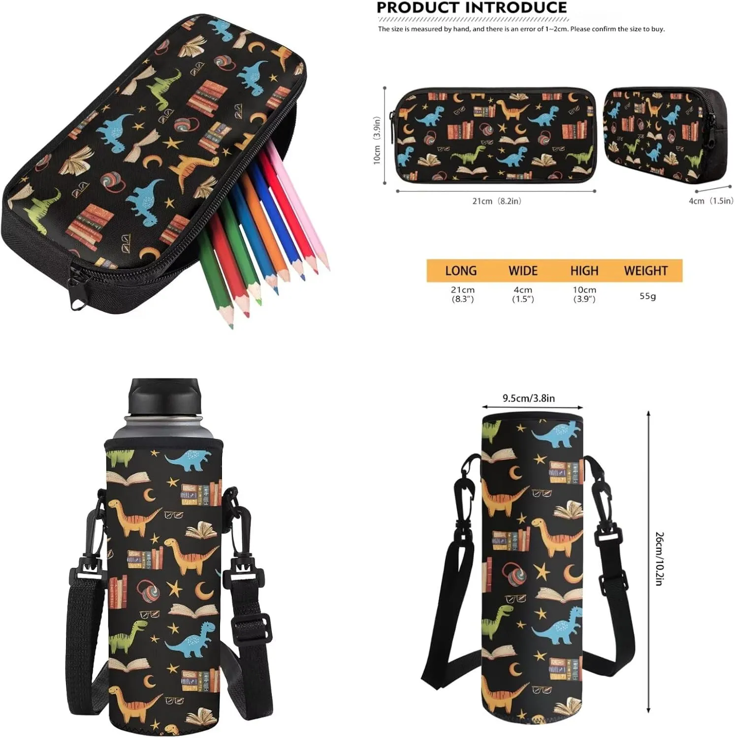 Poceacles Boys School Backpack Set 4 Piece Set Including School Bag, Insulated Lunch Bag, Water Bottle Holder, Pencil Case Students Travel Backpacks, Dinosaur Book Star Headphone Pattern
