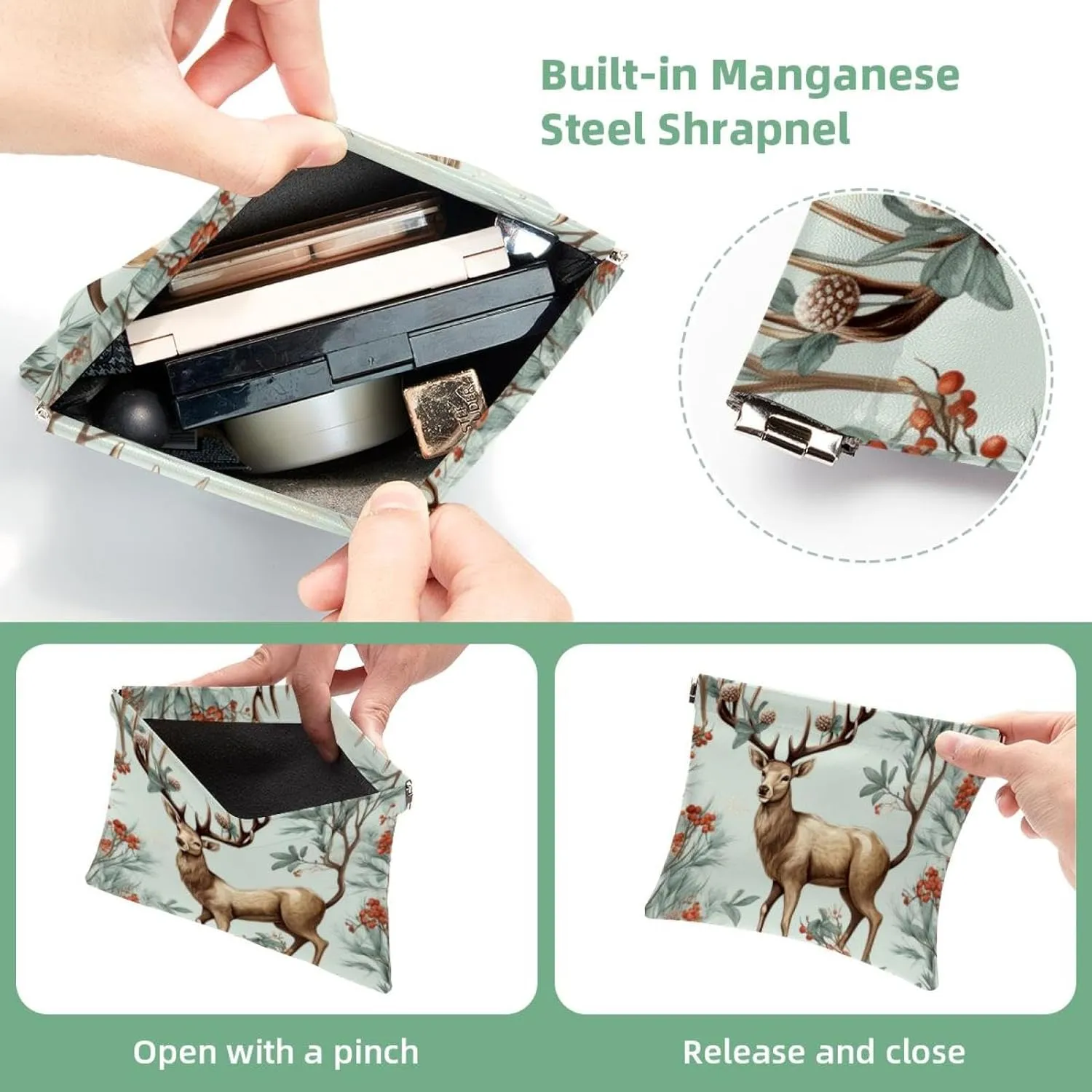 Pocket Cosmetic Bag Squeeze Top, Cute Christmas Elk-1837 Waterproof Travel Makeup Bag for Purse, Portable Mini Makeup Pouch No Zipper for Women