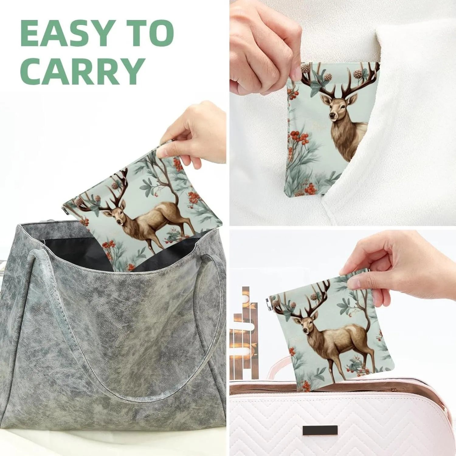 Pocket Cosmetic Bag Squeeze Top, Cute Christmas Elk-1837 Waterproof Travel Makeup Bag for Purse, Portable Mini Makeup Pouch No Zipper for Women