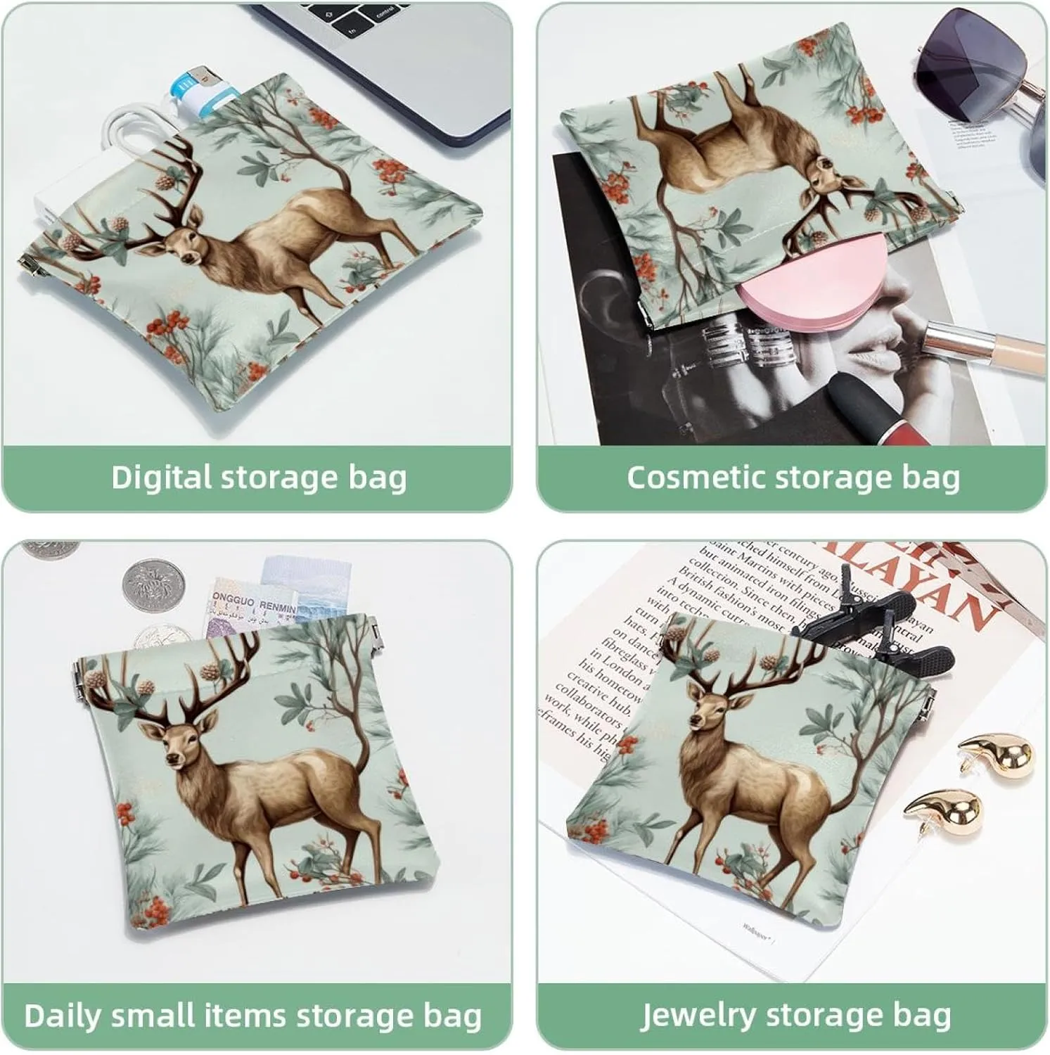Pocket Cosmetic Bag Squeeze Top, Cute Christmas Elk-1837 Waterproof Travel Makeup Bag for Purse, Portable Mini Makeup Pouch No Zipper for Women