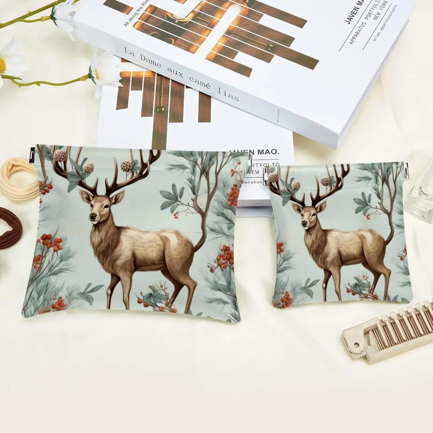 Pocket Cosmetic Bag Squeeze Top, Cute Christmas Elk-1837 Waterproof Travel Makeup Bag for Purse, Portable Mini Makeup Pouch No Zipper for Women