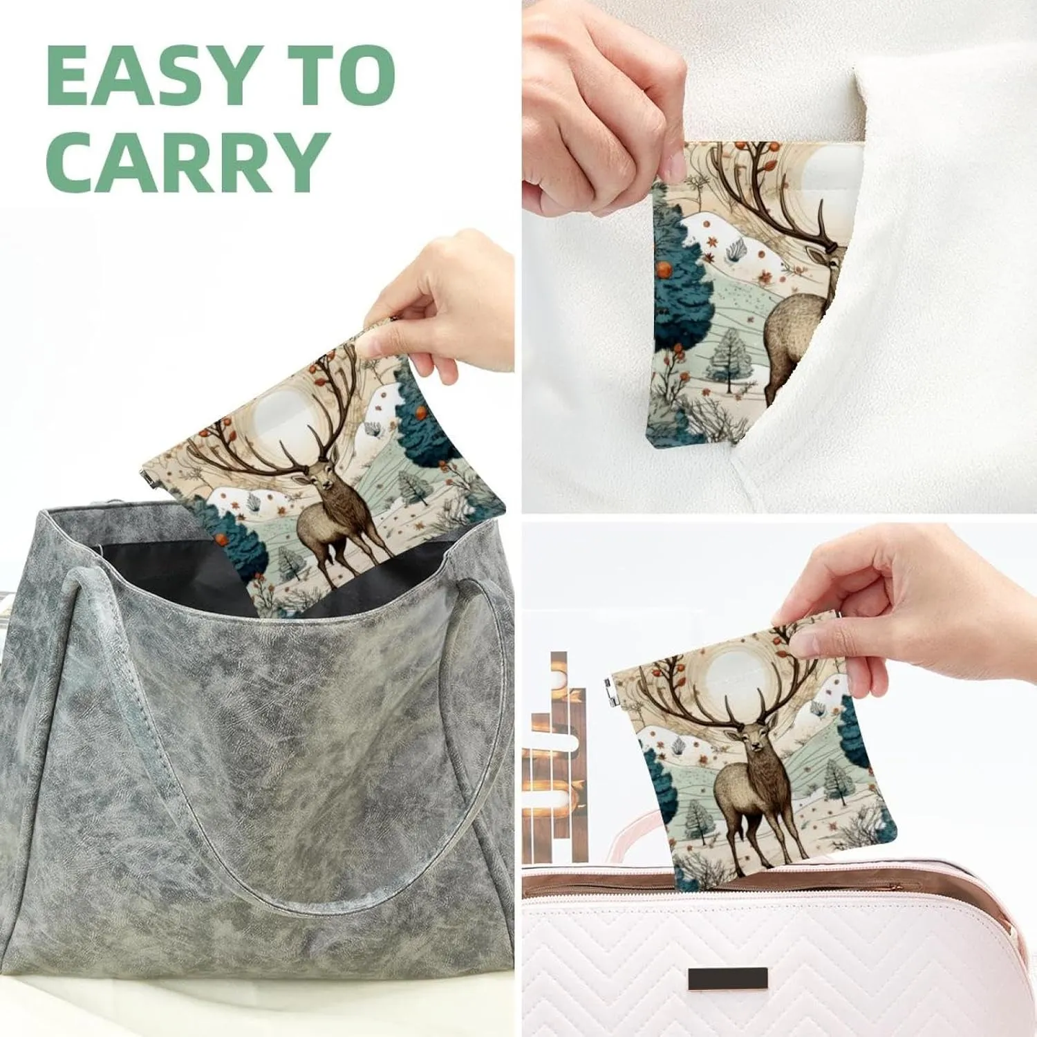 Pocket Cosmetic Bag Squeeze Top, Cute Christmas Elk-1869 Waterproof Travel Makeup Bag for Purse, Portable Mini Makeup Pouch No Zipper for Women