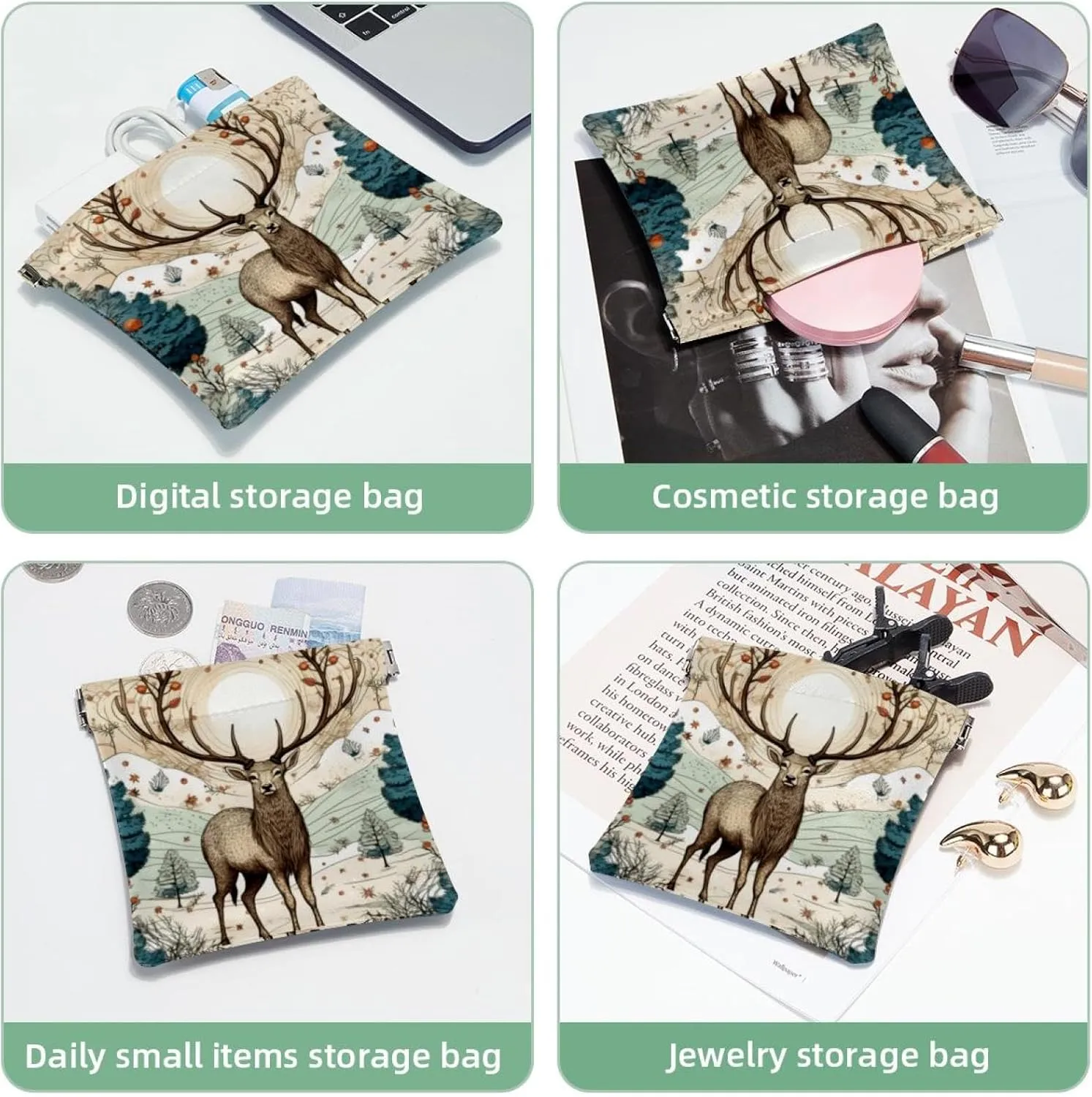 Pocket Cosmetic Bag Squeeze Top, Cute Christmas Elk-1869 Waterproof Travel Makeup Bag for Purse, Portable Mini Makeup Pouch No Zipper for Women