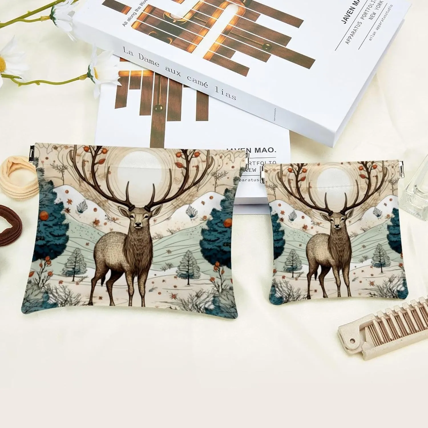 Pocket Cosmetic Bag Squeeze Top, Cute Christmas Elk-1869 Waterproof Travel Makeup Bag for Purse, Portable Mini Makeup Pouch No Zipper for Women