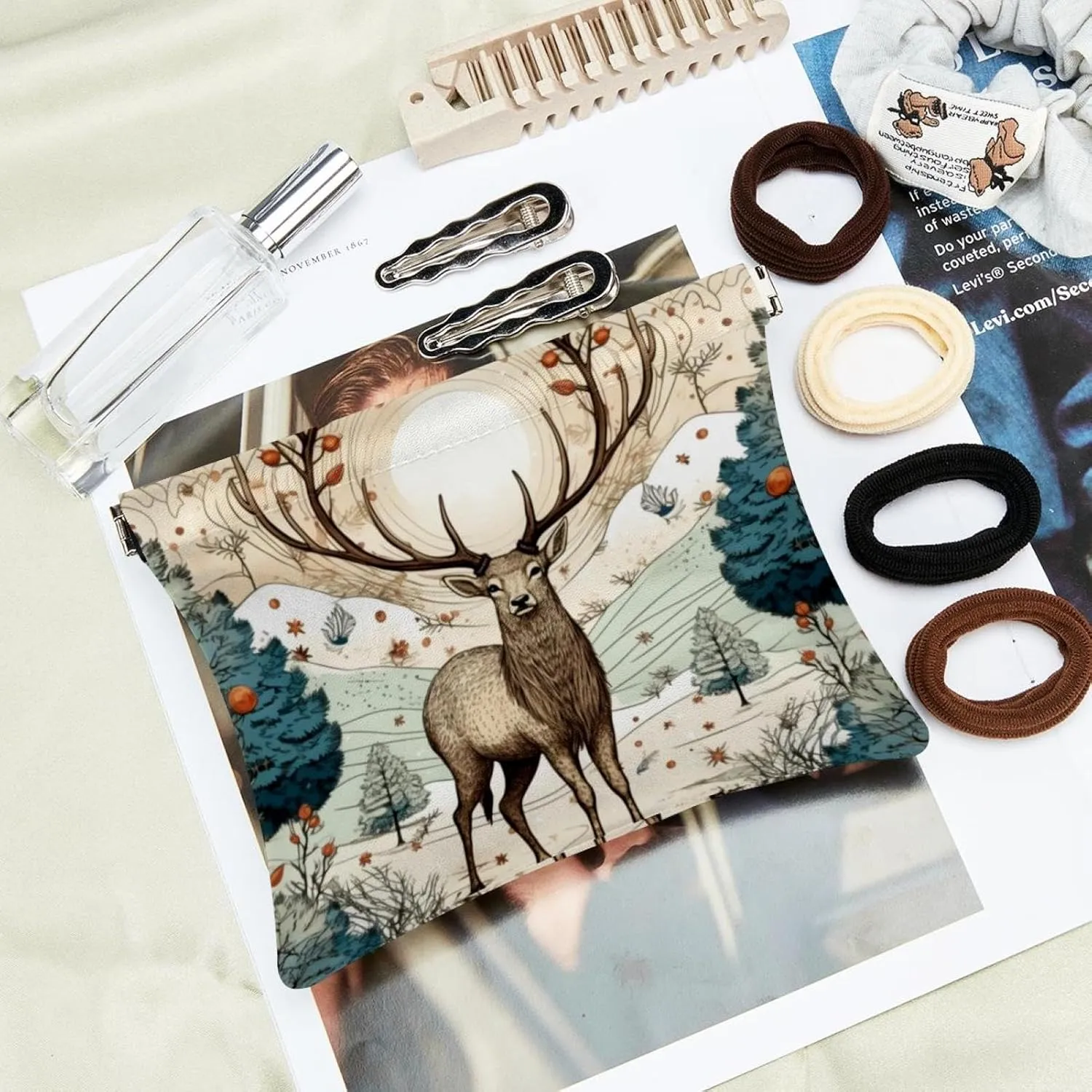 Pocket Cosmetic Bag Squeeze Top, Cute Christmas Elk-1869 Waterproof Travel Makeup Bag for Purse, Portable Mini Makeup Pouch No Zipper for Women