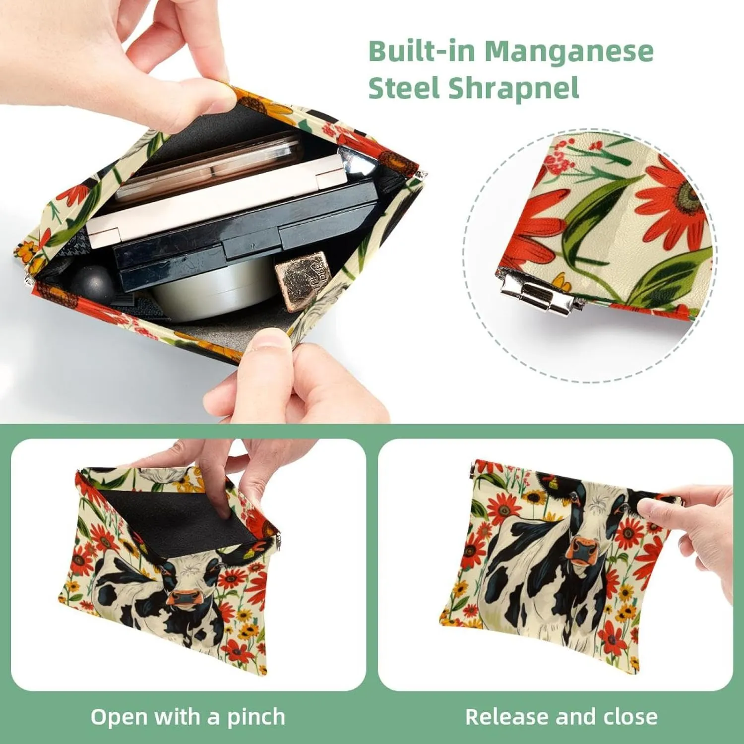 Pocket Cosmetic Bag Squeeze Top, Farmhouse Cow with Flowers Pattern Waterproof Travel Makeup Bag for Purse, Portable Mini Makeup Pouch No Zipper for Women