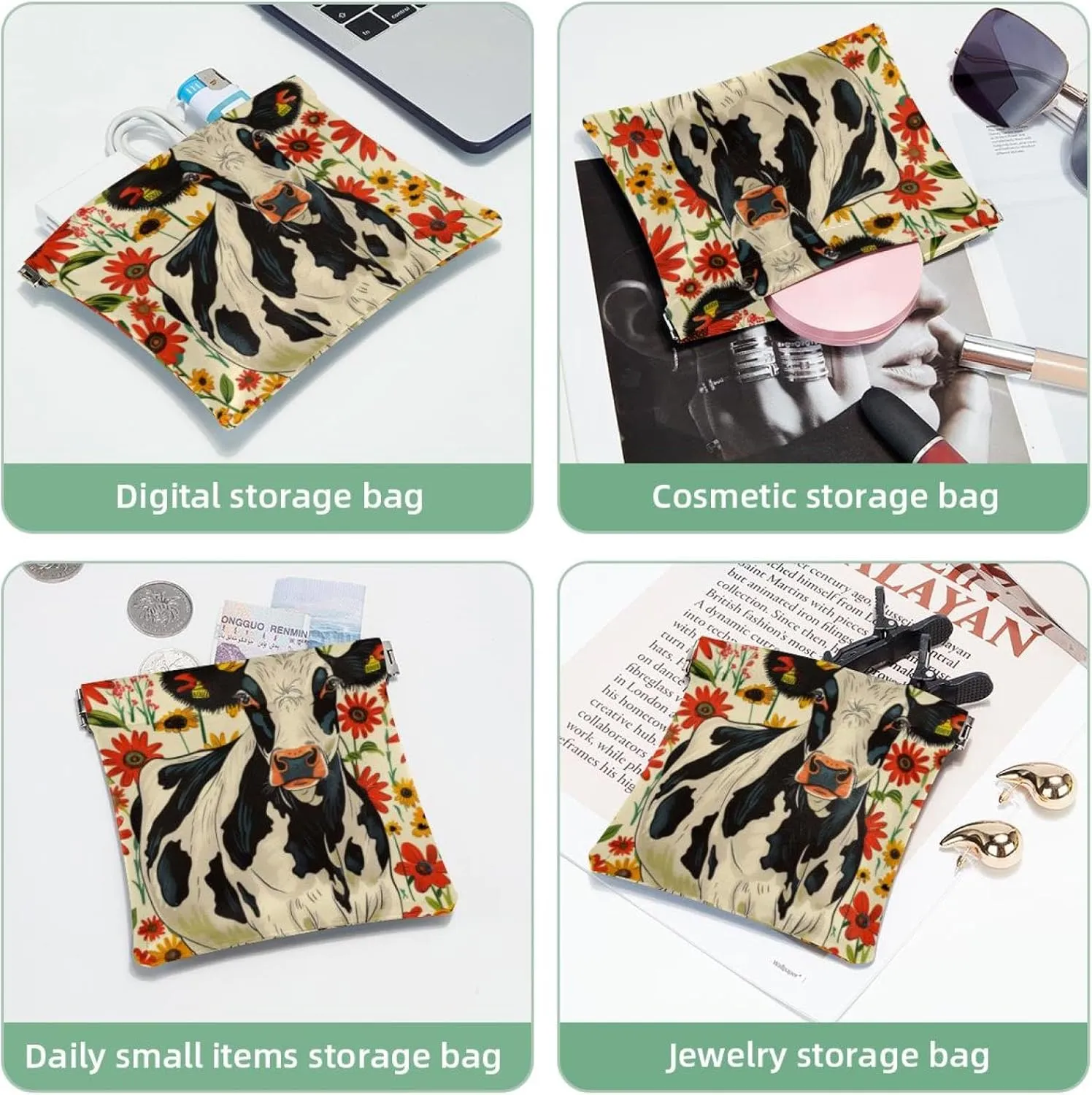 Pocket Cosmetic Bag Squeeze Top, Farmhouse Cow with Flowers Pattern Waterproof Travel Makeup Bag for Purse, Portable Mini Makeup Pouch No Zipper for Women