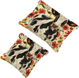 Pocket Cosmetic Bag Squeeze Top, Farmhouse Cow with Flowers Pattern Waterproof Travel Makeup Bag for Purse, Portable Mini Makeup Pouch No Zipper for Women