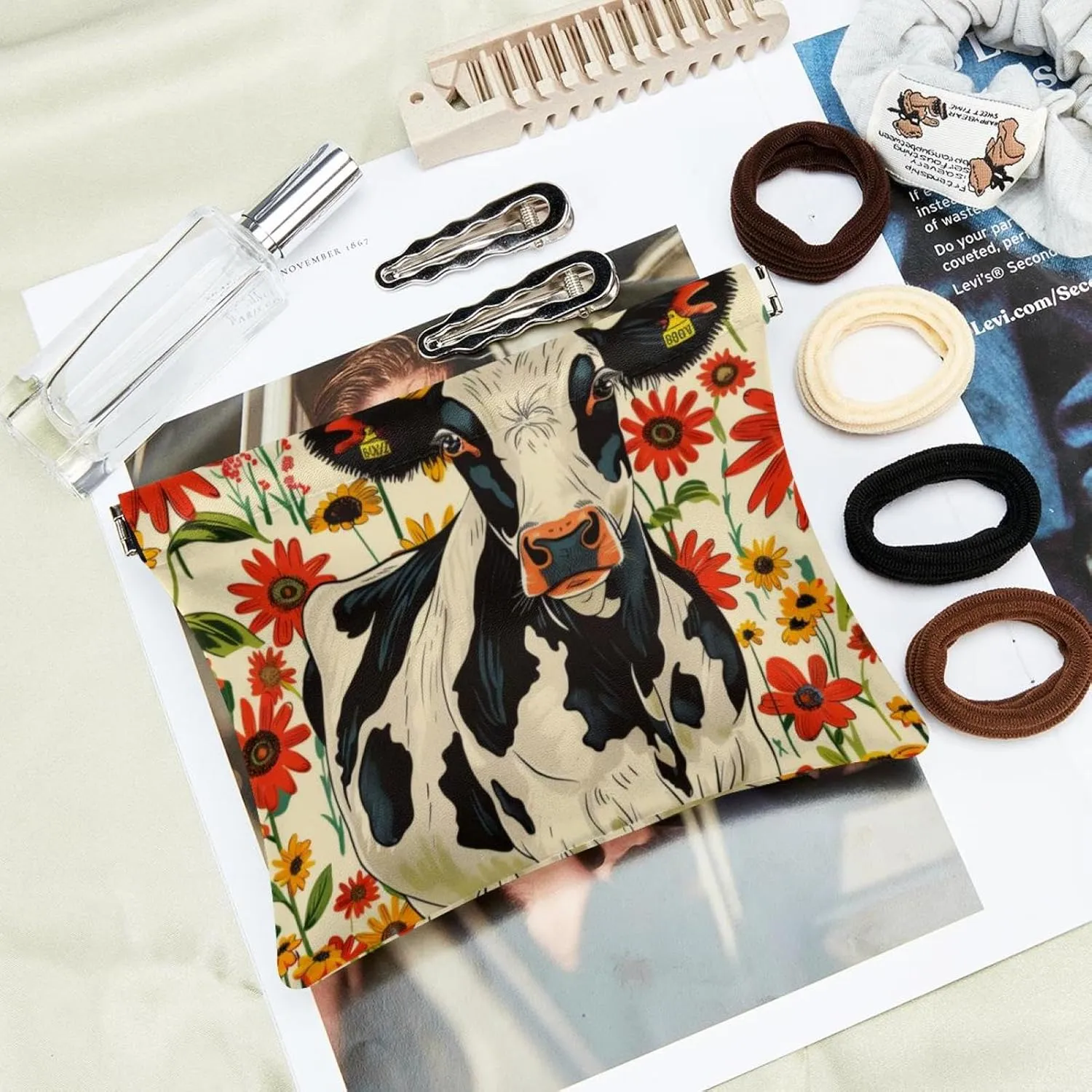 Pocket Cosmetic Bag Squeeze Top, Farmhouse Cow with Flowers Pattern Waterproof Travel Makeup Bag for Purse, Portable Mini Makeup Pouch No Zipper for Women