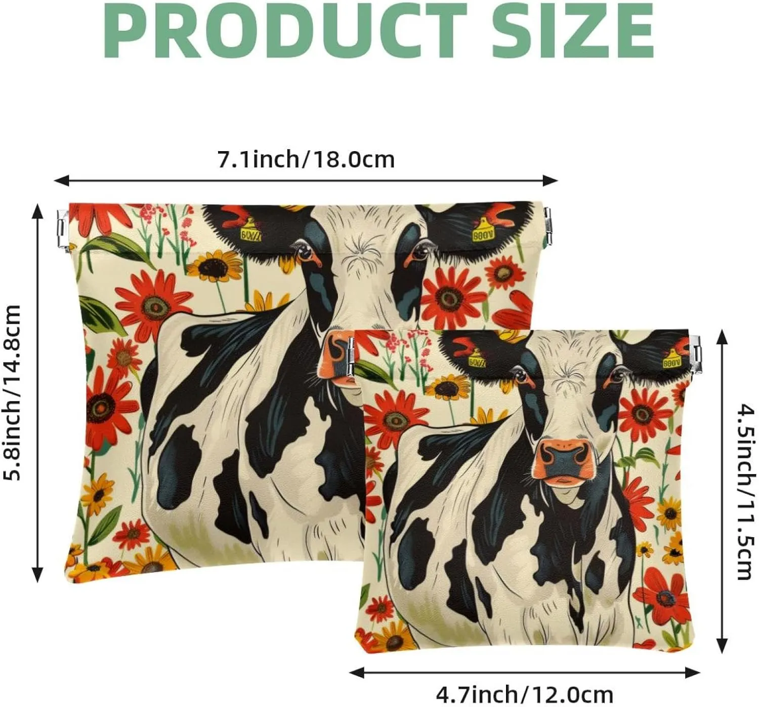 Pocket Cosmetic Bag Squeeze Top, Farmhouse Cow with Flowers Pattern Waterproof Travel Makeup Bag for Purse, Portable Mini Makeup Pouch No Zipper for Women