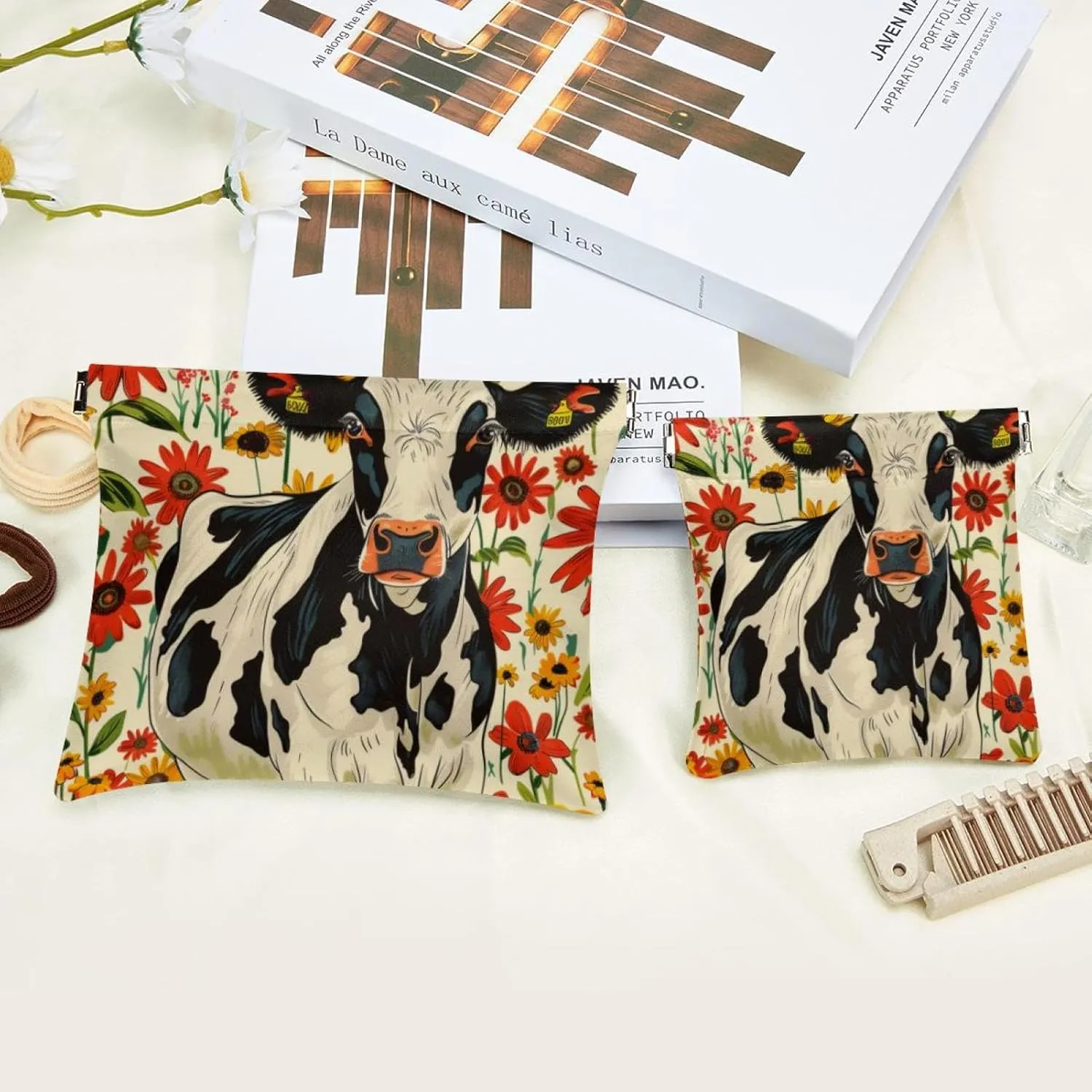 Pocket Cosmetic Bag Squeeze Top, Farmhouse Cow with Flowers Pattern Waterproof Travel Makeup Bag for Purse, Portable Mini Makeup Pouch No Zipper for Women