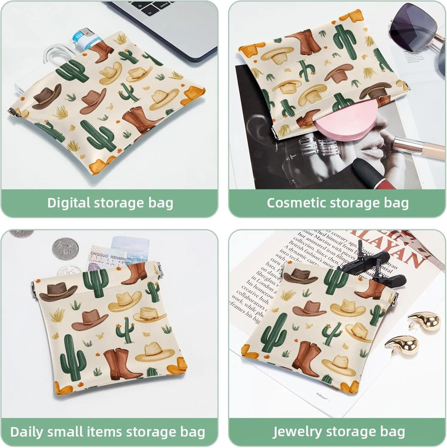 Pocket Cosmetic Bag Squeeze Top, Western Cowboy Cactus Boots Cowboy Hat Waterproof Travel Makeup Bag for Purse, Portable Mini Makeup Pouch No Zipper for Women