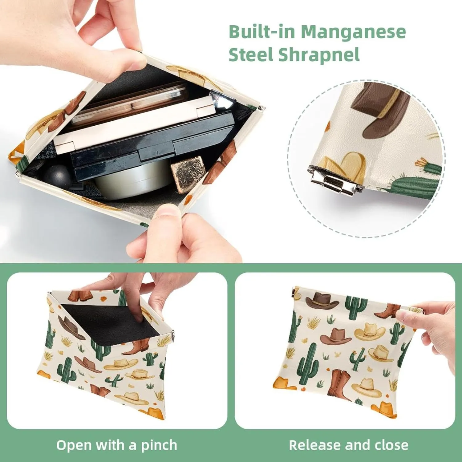 Pocket Cosmetic Bag Squeeze Top, Western Cowboy Cactus Boots Cowboy Hat Waterproof Travel Makeup Bag for Purse, Portable Mini Makeup Pouch No Zipper for Women