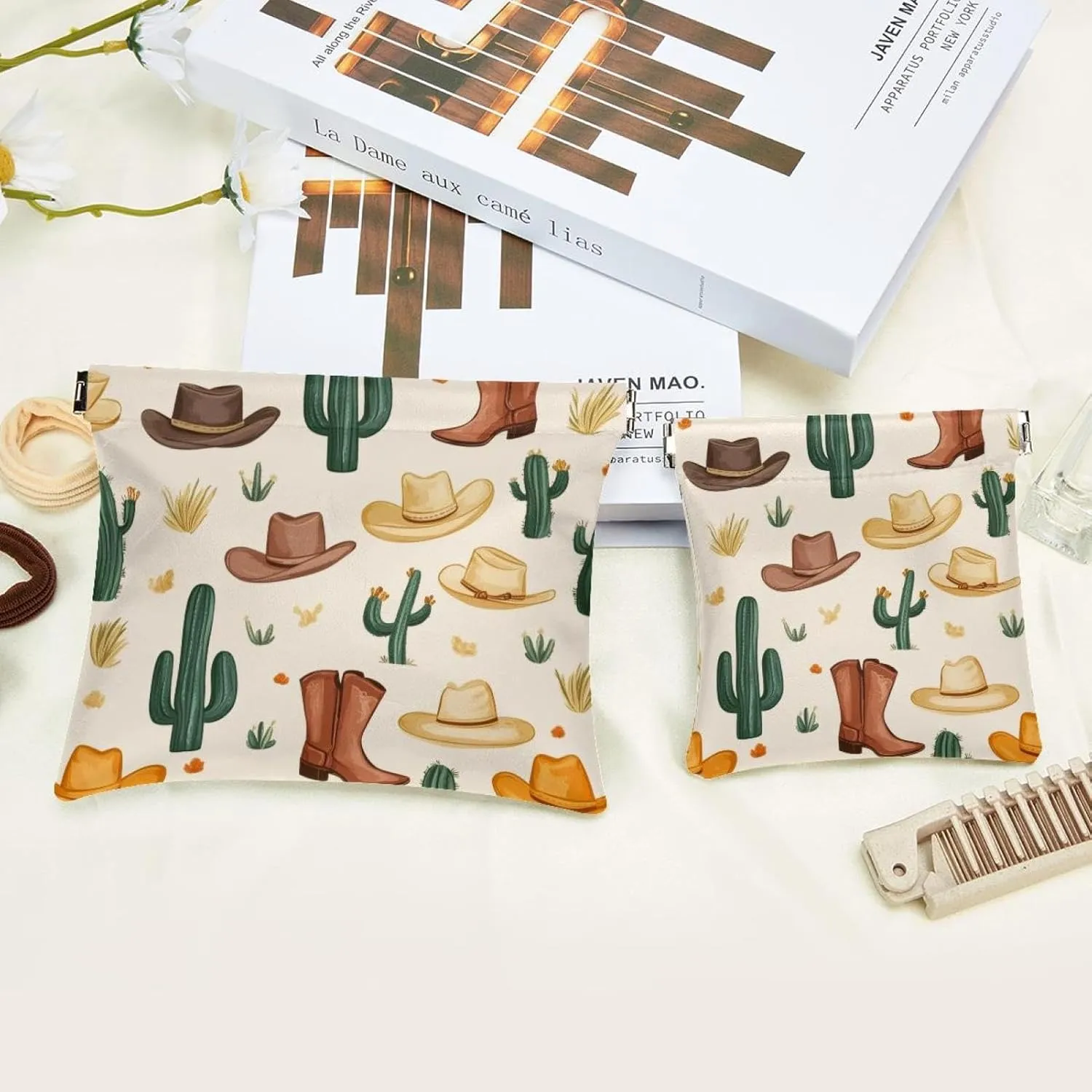 Pocket Cosmetic Bag Squeeze Top, Western Cowboy Cactus Boots Cowboy Hat Waterproof Travel Makeup Bag for Purse, Portable Mini Makeup Pouch No Zipper for Women