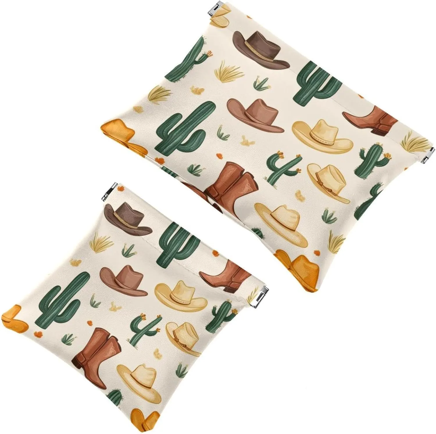 Pocket Cosmetic Bag Squeeze Top, Western Cowboy Cactus Boots Cowboy Hat Waterproof Travel Makeup Bag for Purse, Portable Mini Makeup Pouch No Zipper for Women
