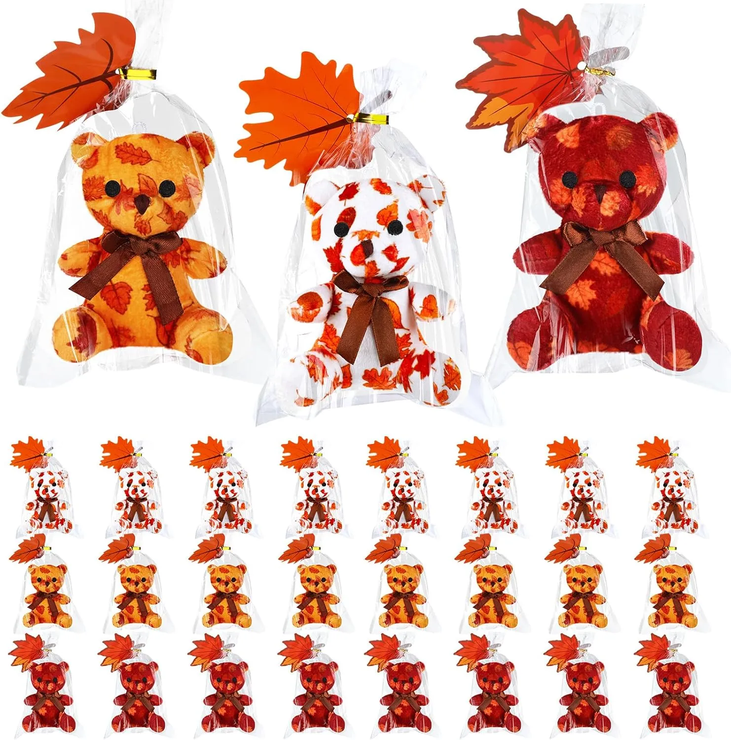 Poen 27 Pack Fall Mini Plush Bears with Maple Leaf Cards Set for Kids Classroom School Exchange Prize Gifts Fall Thanksgiving Gifts Keychain Stuffed Bears Animal for Autumn Party Favors