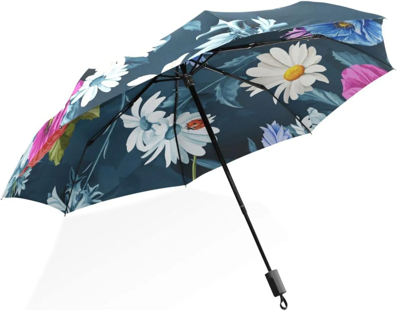 Poeticcity Rain Travel Umbrella, Hand Open Close Windproof Waterproof Folding Umbrella, Compact Canopy Strong Ray Parasol Umbrella