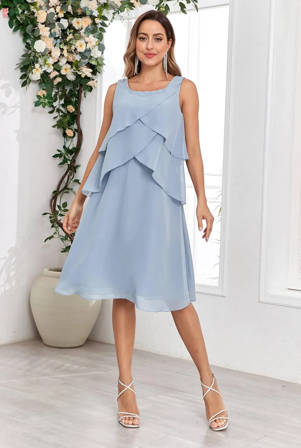 POMUYOO 2 Piece Mother of The Bride Dresses for Wedding Beaded Chiffon Tiered Formal Dress with Jacket
