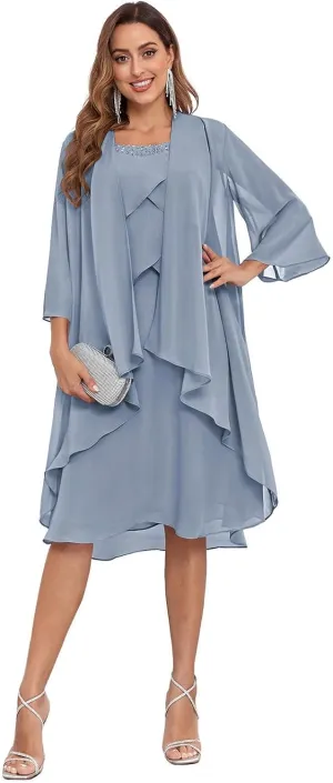 POMUYOO 2 Piece Mother of The Bride Dresses for Wedding Beaded Chiffon Tiered Formal Dress with Jacket