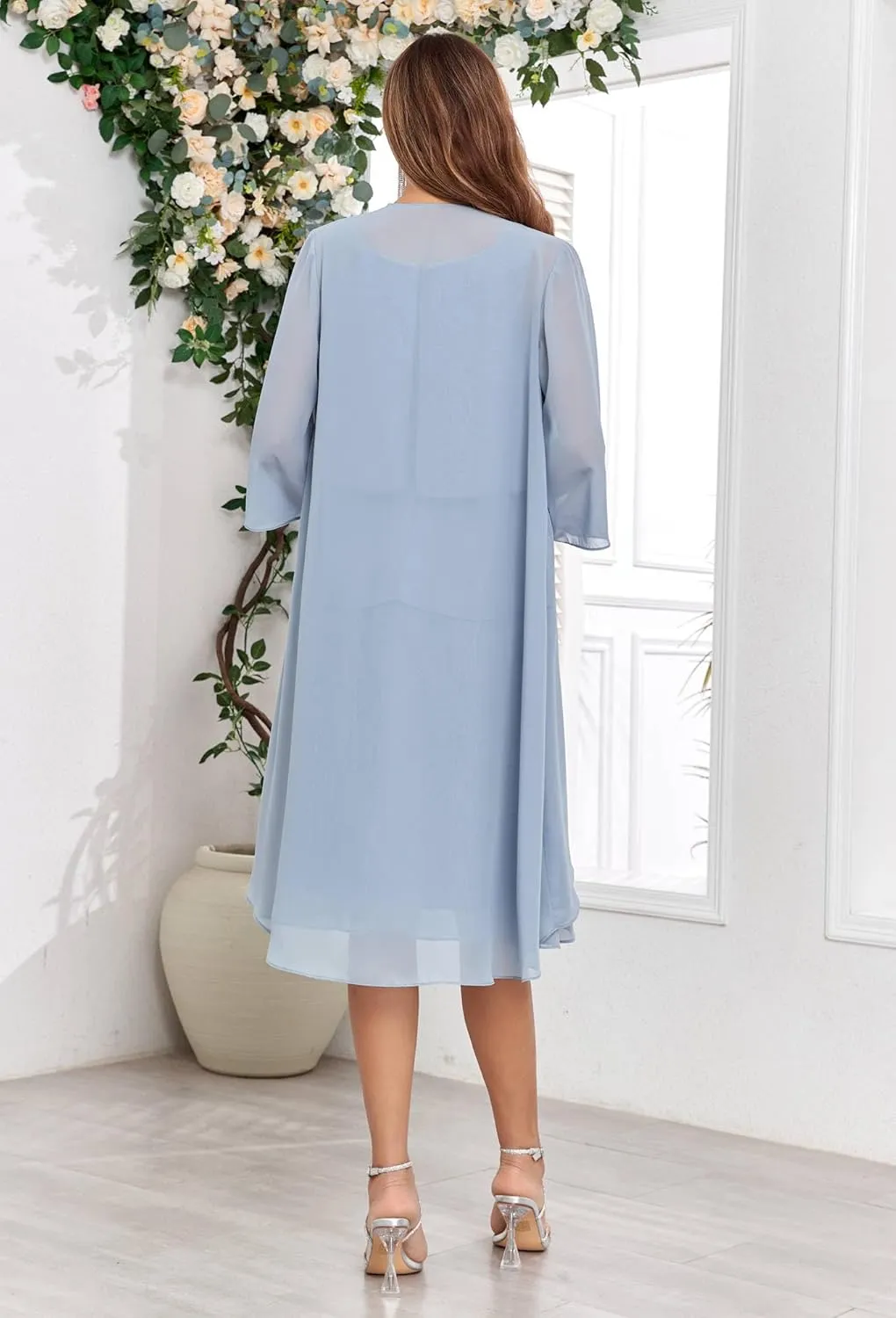 POMUYOO 2 Piece Mother of The Bride Dresses for Wedding Beaded Chiffon Tiered Formal Dress with Jacket
