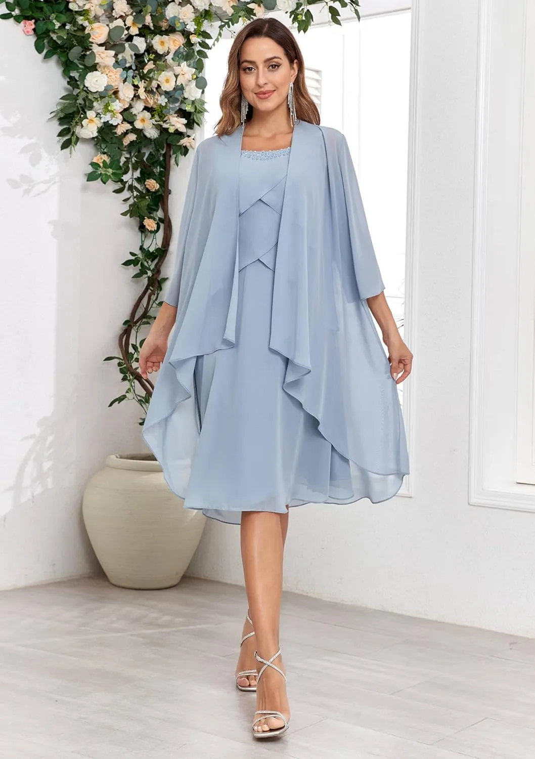 POMUYOO 2 Piece Mother of The Bride Dresses for Wedding Beaded Chiffon Tiered Formal Dress with Jacket