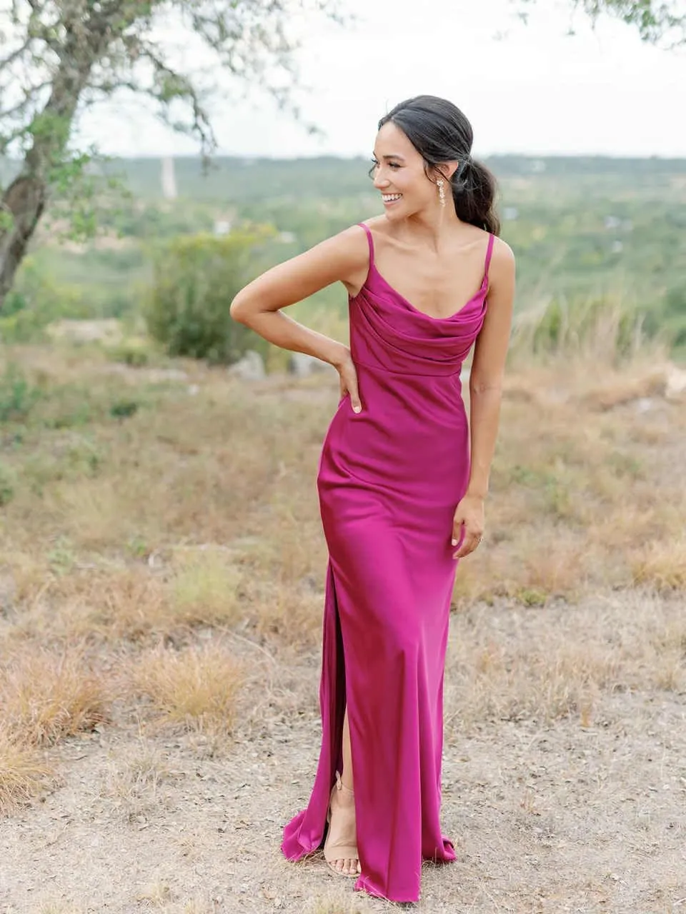 POMUYOO Satin Bridesmaid Dresses for Women Long Spagheti Straps Cowl Neck Formal Evening Gown with Slit