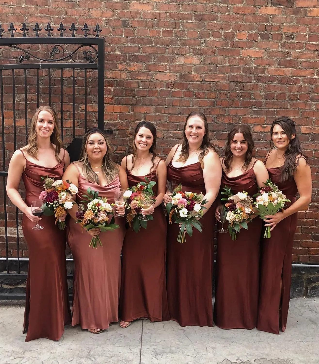 POMUYOO Satin Bridesmaid Dresses for Women Long Spagheti Straps Cowl Neck Formal Evening Gown with Slit