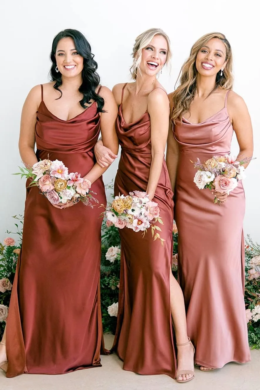 POMUYOO Satin Bridesmaid Dresses for Women Long Spagheti Straps Cowl Neck Formal Evening Gown with Slit