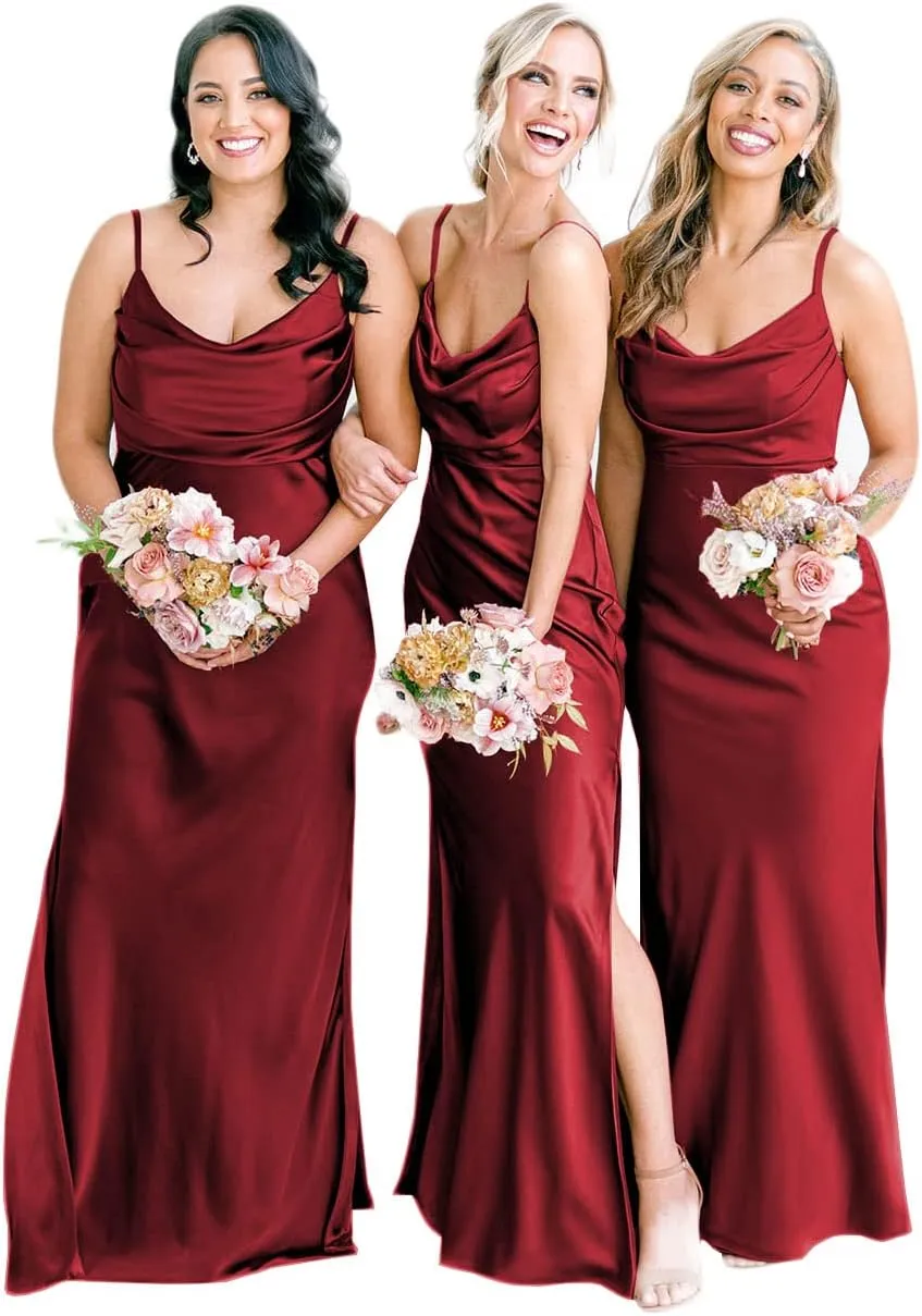 POMUYOO Satin Bridesmaid Dresses for Women Long Spagheti Straps Cowl Neck Formal Evening Gown with Slit
