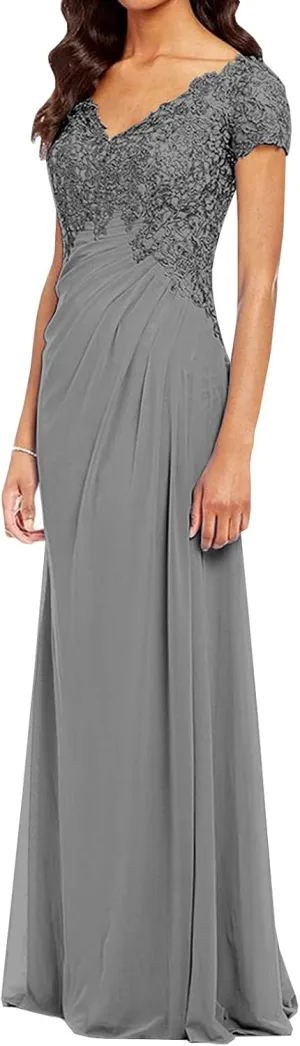 POMUYOO Women's V-Neck Lace Appliques Mother of The Bride Dress Beaded Chiffon Evening Gown with Sleeves YG107