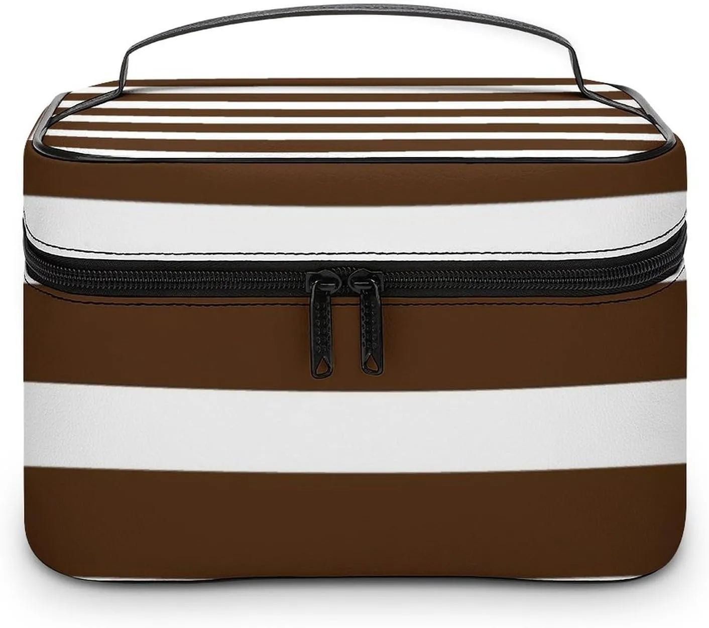 Portable Makeup Bag Travel Cosmetic Case, Classic Stripes Brown and White Zipper Pouch Cosmetic Bag with Handle Toiletry Bag for Women Girls