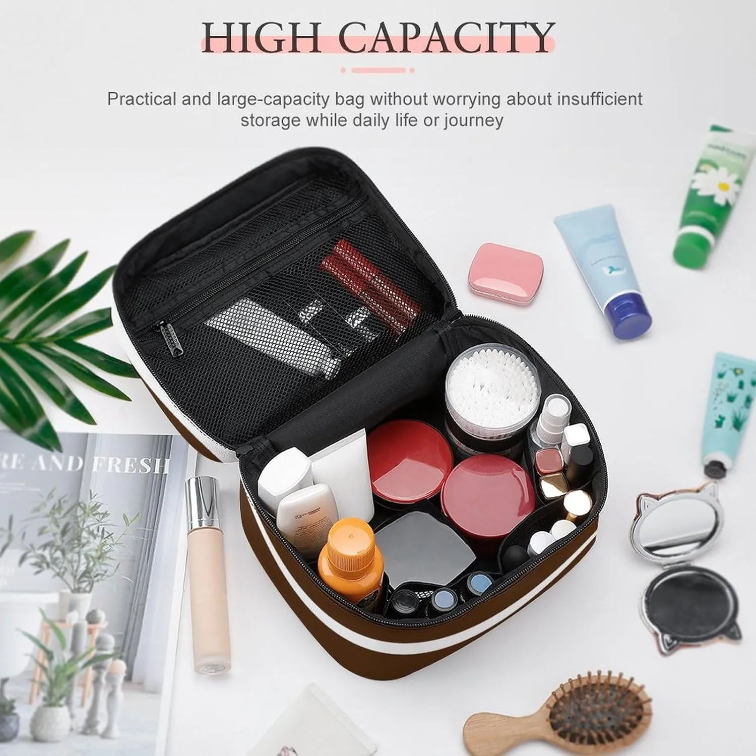 Portable Makeup Bag Travel Cosmetic Case, Classic Stripes Brown and White Zipper Pouch Cosmetic Bag with Handle Toiletry Bag for Women Girls