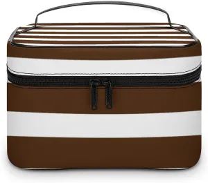 Portable Makeup Bag Travel Cosmetic Case, Classic Stripes Brown and White Zipper Pouch Cosmetic Bag with Handle Toiletry Bag for Women Girls