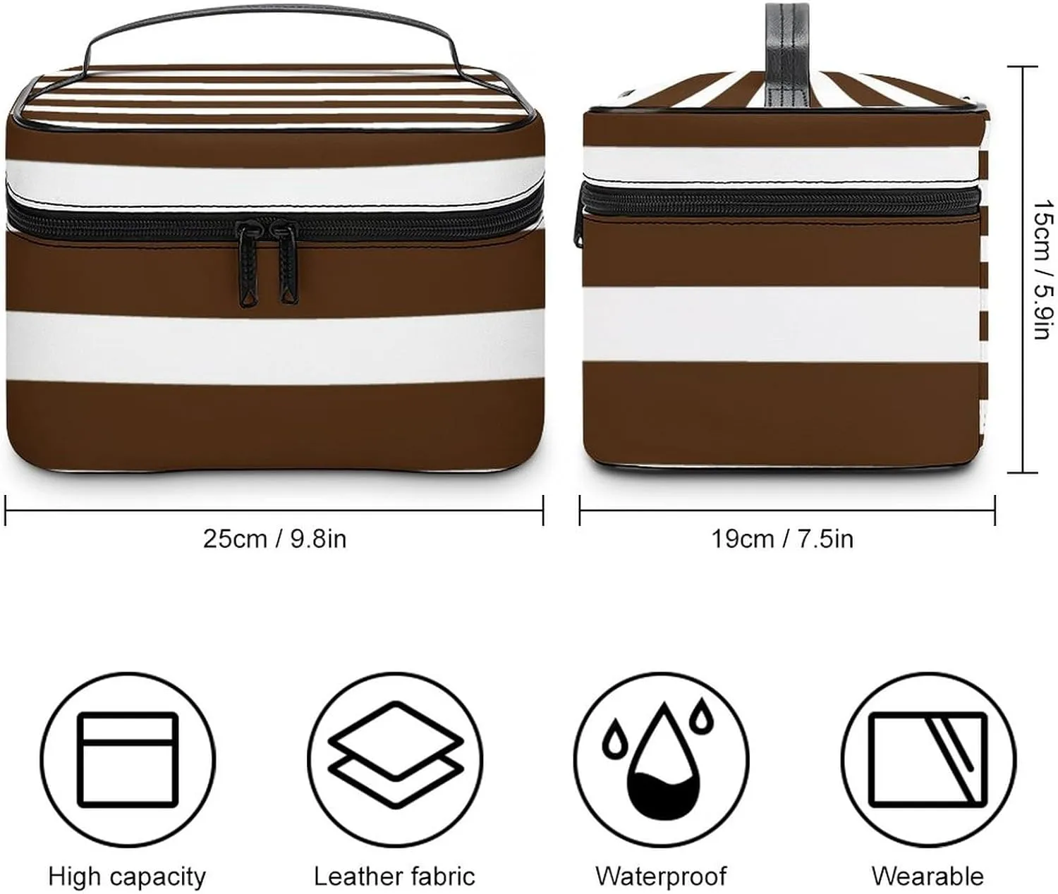 Portable Makeup Bag Travel Cosmetic Case, Classic Stripes Brown and White Zipper Pouch Cosmetic Bag with Handle Toiletry Bag for Women Girls