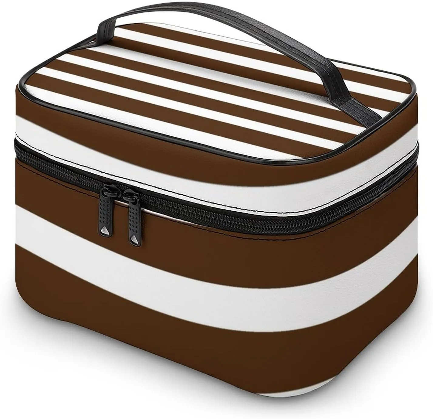 Portable Makeup Bag Travel Cosmetic Case, Classic Stripes Brown and White Zipper Pouch Cosmetic Bag with Handle Toiletry Bag for Women Girls