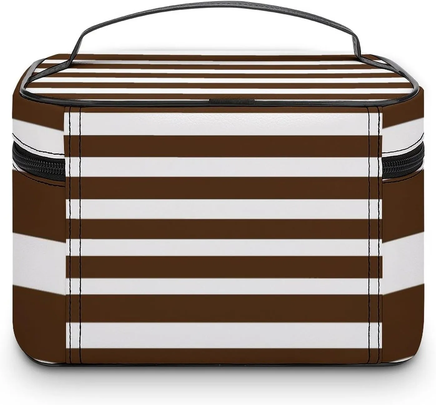 Portable Makeup Bag Travel Cosmetic Case, Classic Stripes Brown and White Zipper Pouch Cosmetic Bag with Handle Toiletry Bag for Women Girls