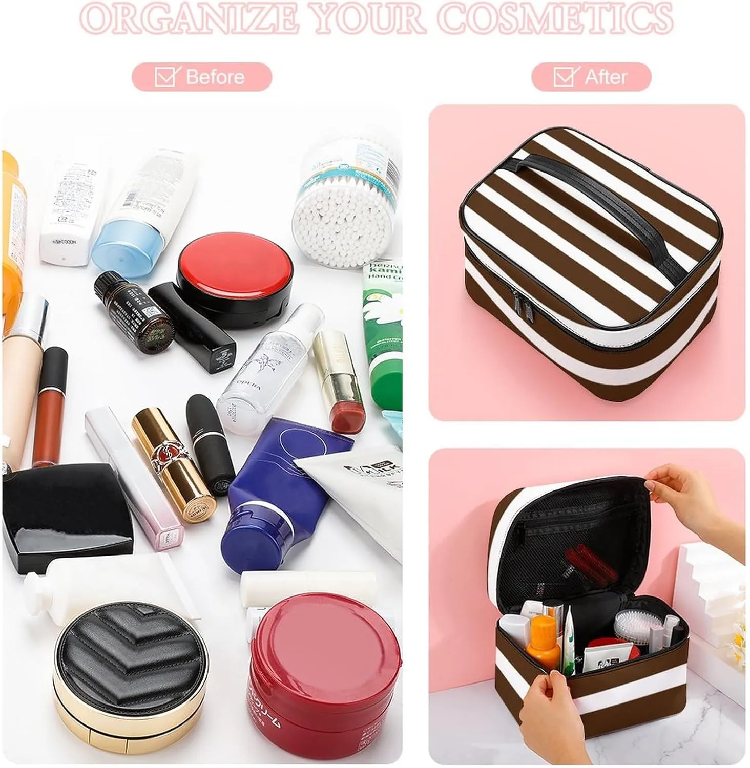 Portable Makeup Bag Travel Cosmetic Case, Classic Stripes Brown and White Zipper Pouch Cosmetic Bag with Handle Toiletry Bag for Women Girls