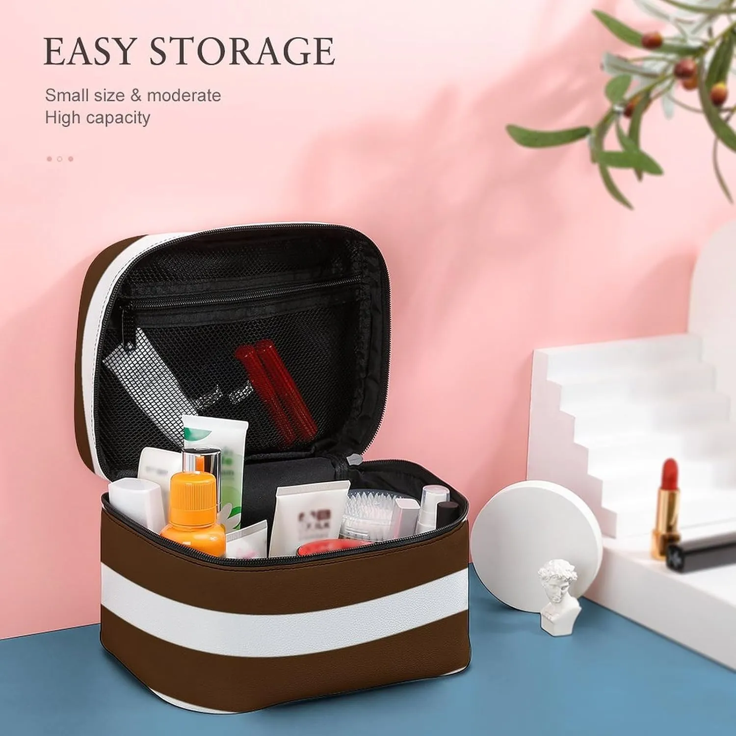 Portable Makeup Bag Travel Cosmetic Case, Classic Stripes Brown and White Zipper Pouch Cosmetic Bag with Handle Toiletry Bag for Women Girls