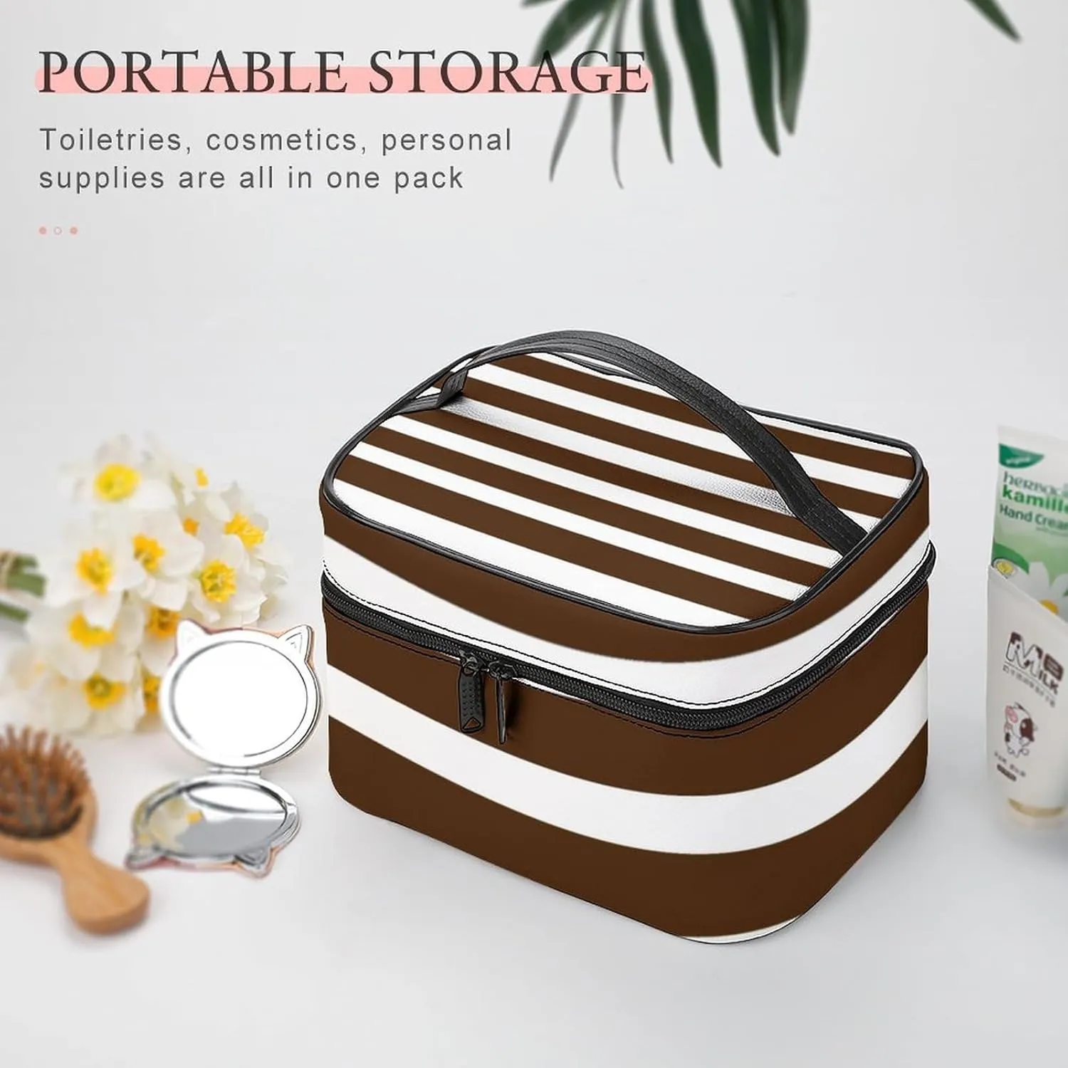 Portable Makeup Bag Travel Cosmetic Case, Classic Stripes Brown and White Zipper Pouch Cosmetic Bag with Handle Toiletry Bag for Women Girls